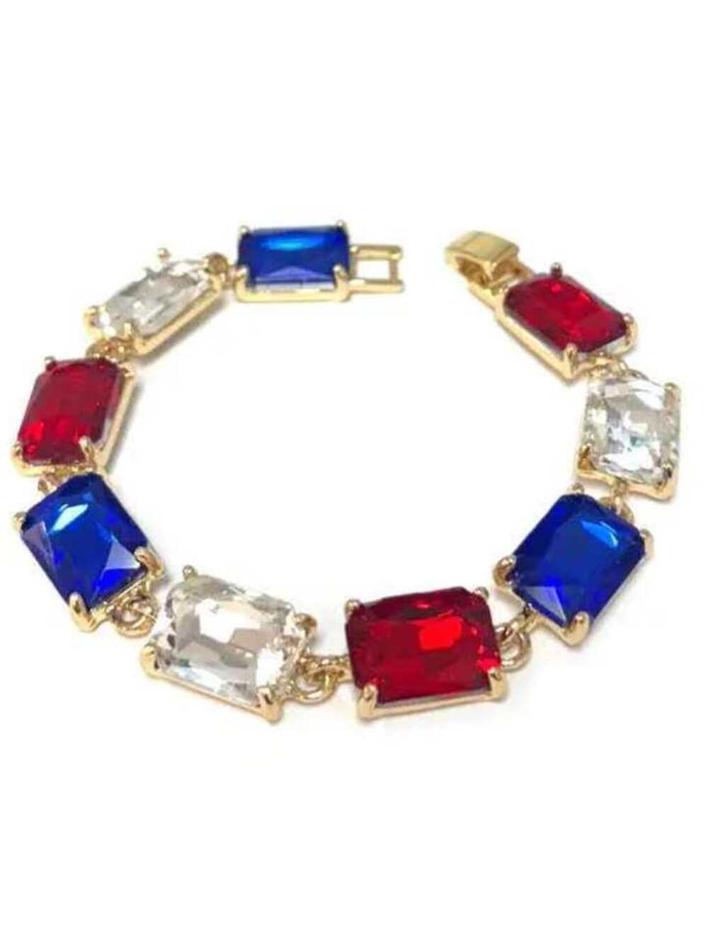 Emerald Cut Glass Crystal Linked Statement Gold Bracelet Red White Blue Clear